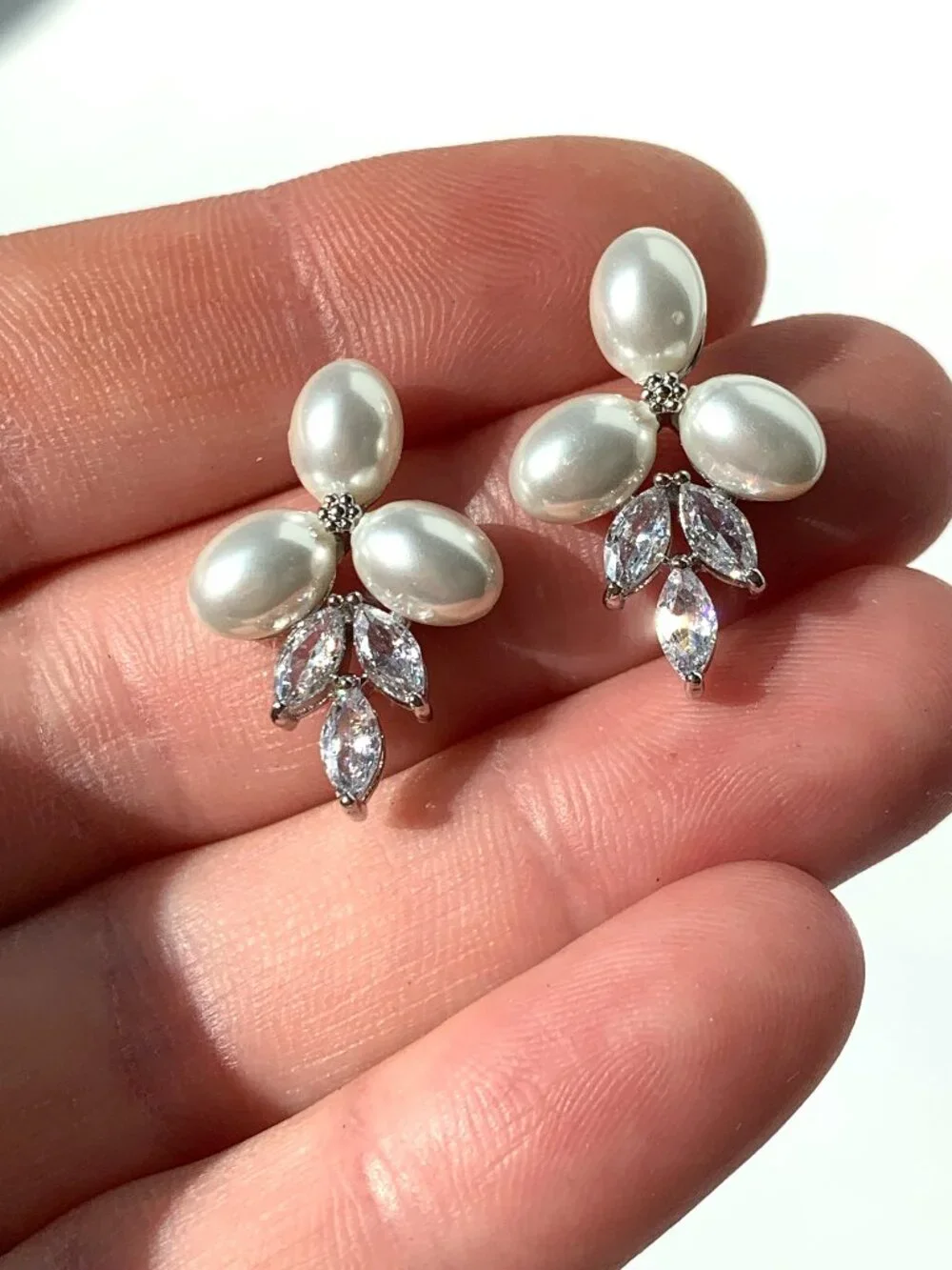 NEW~ Anthropologie, BHLDN, Triple Pearl & Marquise Crystal Cluster Stud Earrings